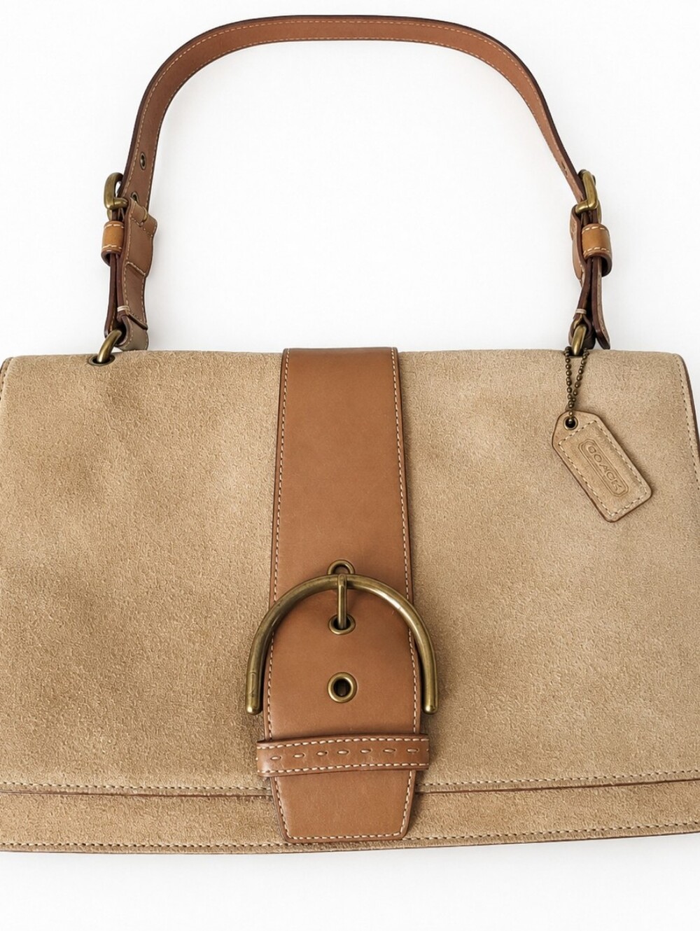 Vintage Y2K Coach Tan Suede Big Buckle Shoulder Bag With Brass Hardware